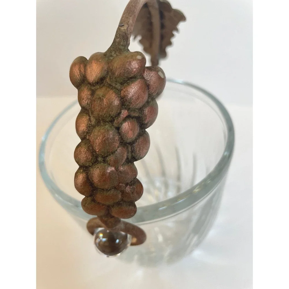 Vintage Clear Swirl Glass Ice Bucket with Grape & Vine Metal Handle  Barware